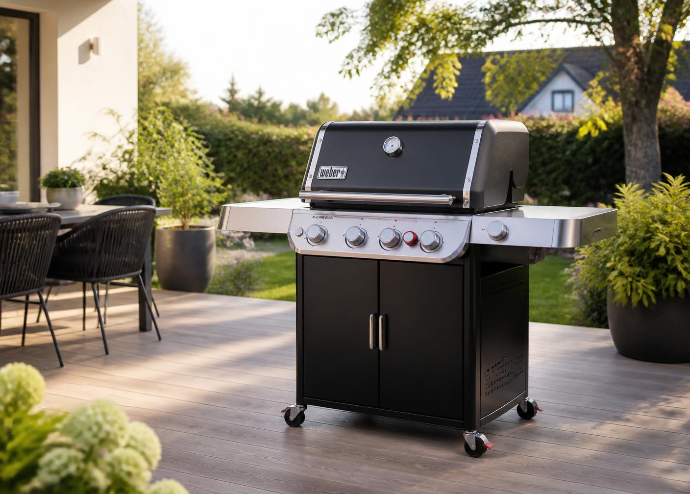 Weber Genesis Gasgrill auf einer Gartenterrasse