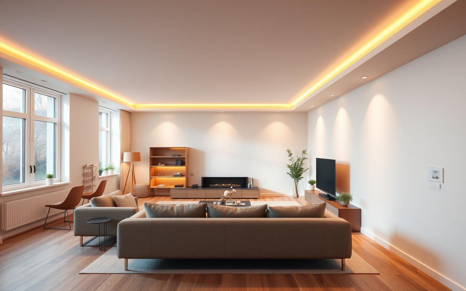 Wohnraum mit geplanter Lichtinstallation und Smart-Home-Bedienung