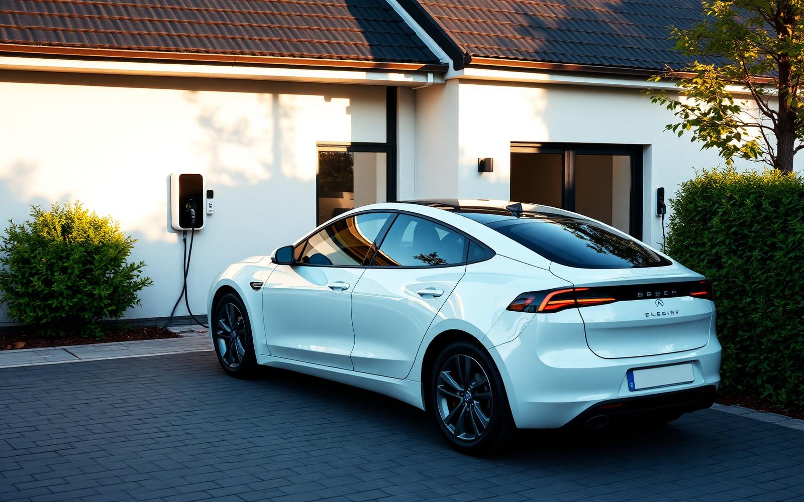 Wallbox an einem Einfamilienhaus mit ladendem Elektroauto