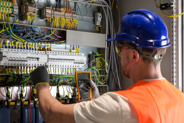 Elektriker misst elektrische Anlagen bei einem Geschäftskunden in Aachen.